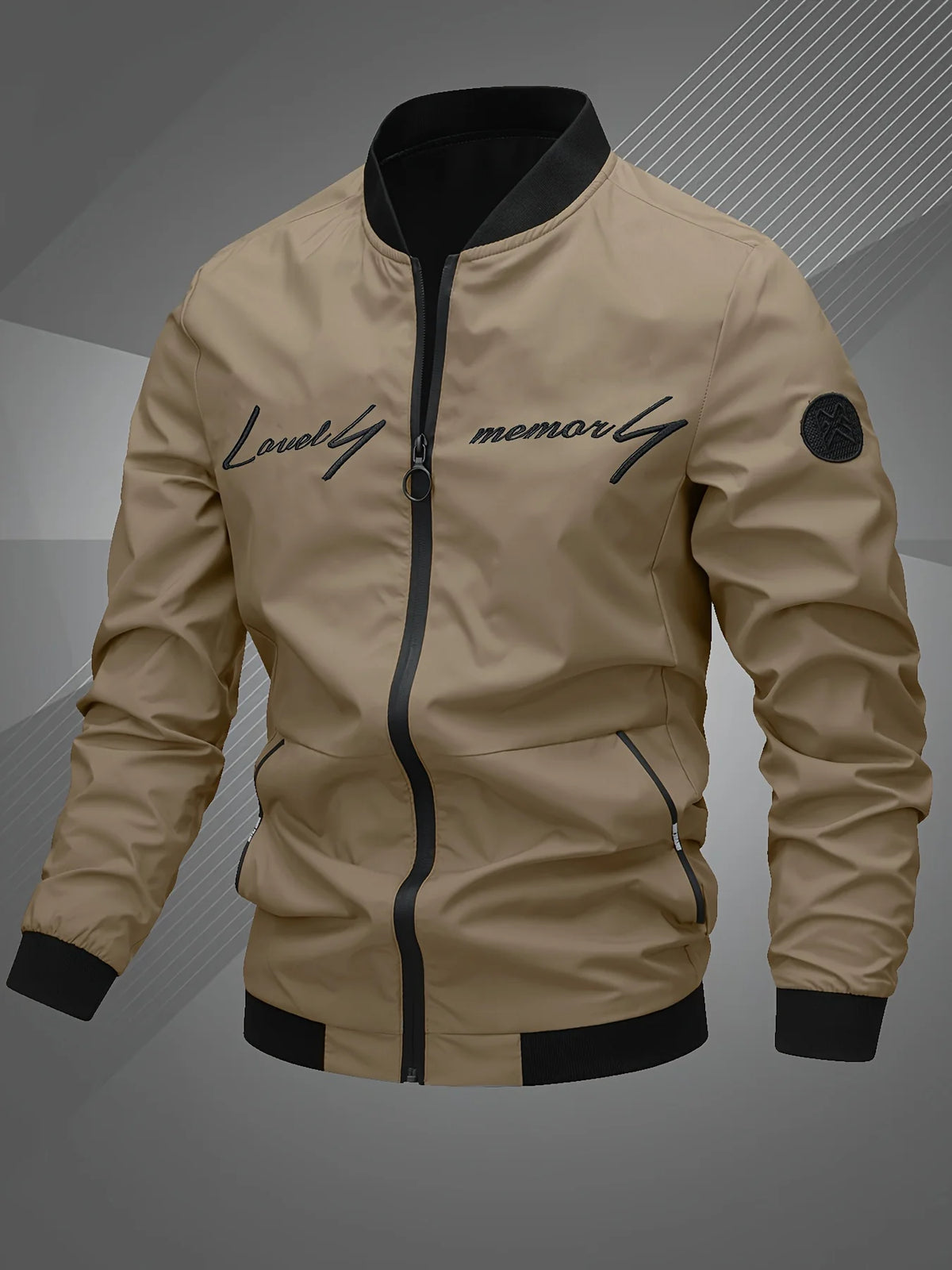 Men's khaki cropped embroidered baseball jacket in autumn and winter