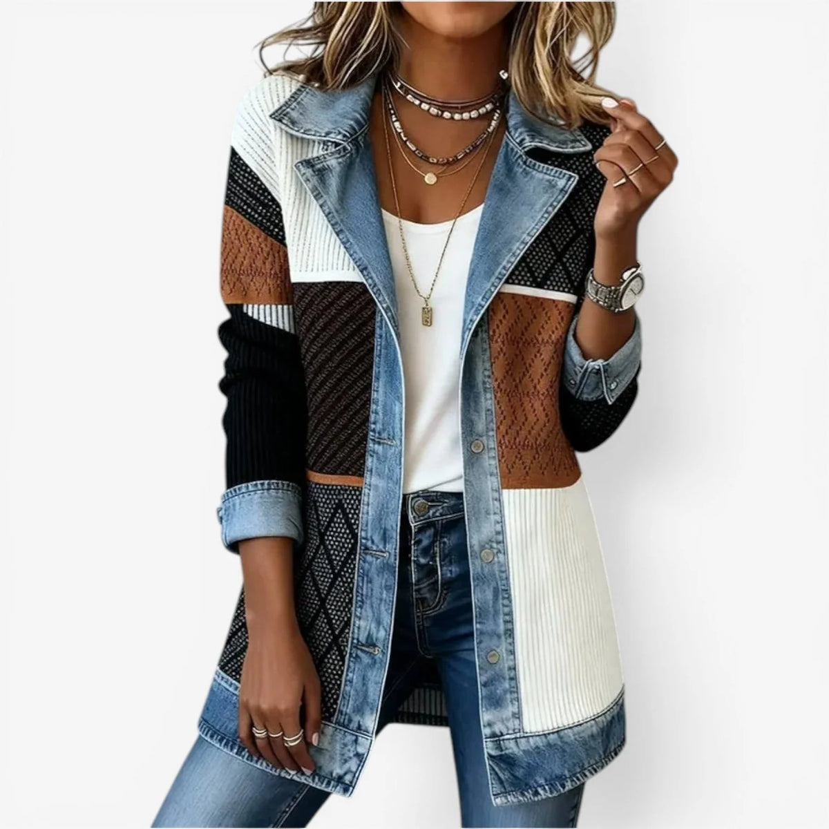 Women's multicolour layered collar button jacket for everyday winter wear