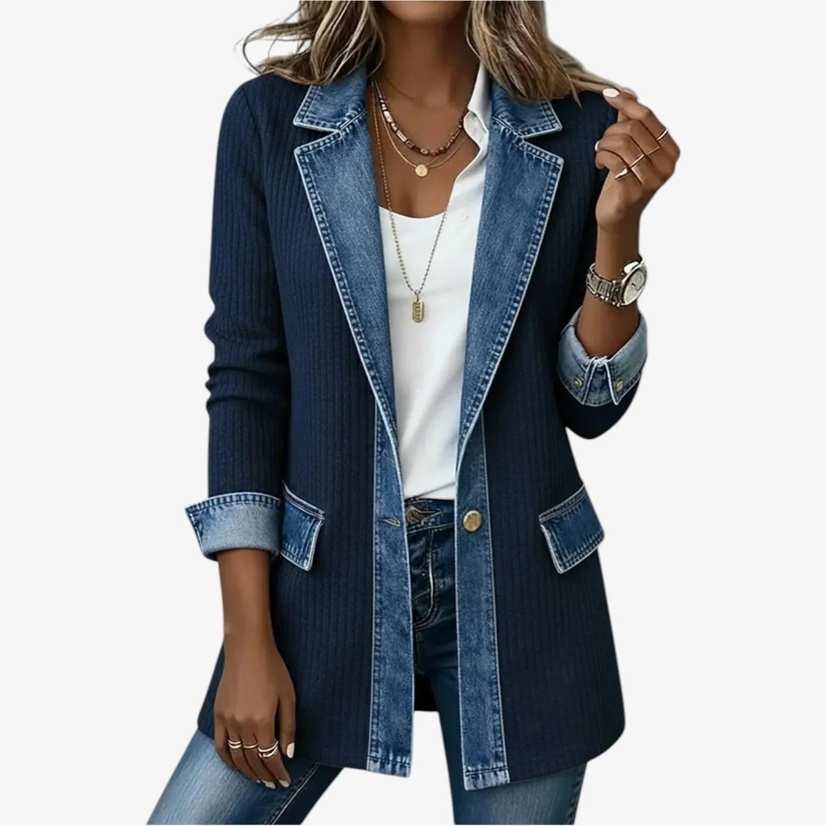 Women's navy blue layered collar button jacket for everyday winter wear