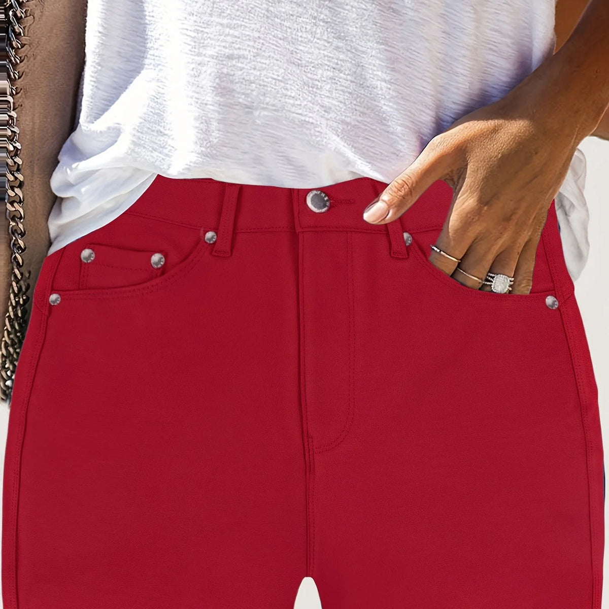 Women's bright red high-rise skinny jeans for cold autumn and winter days