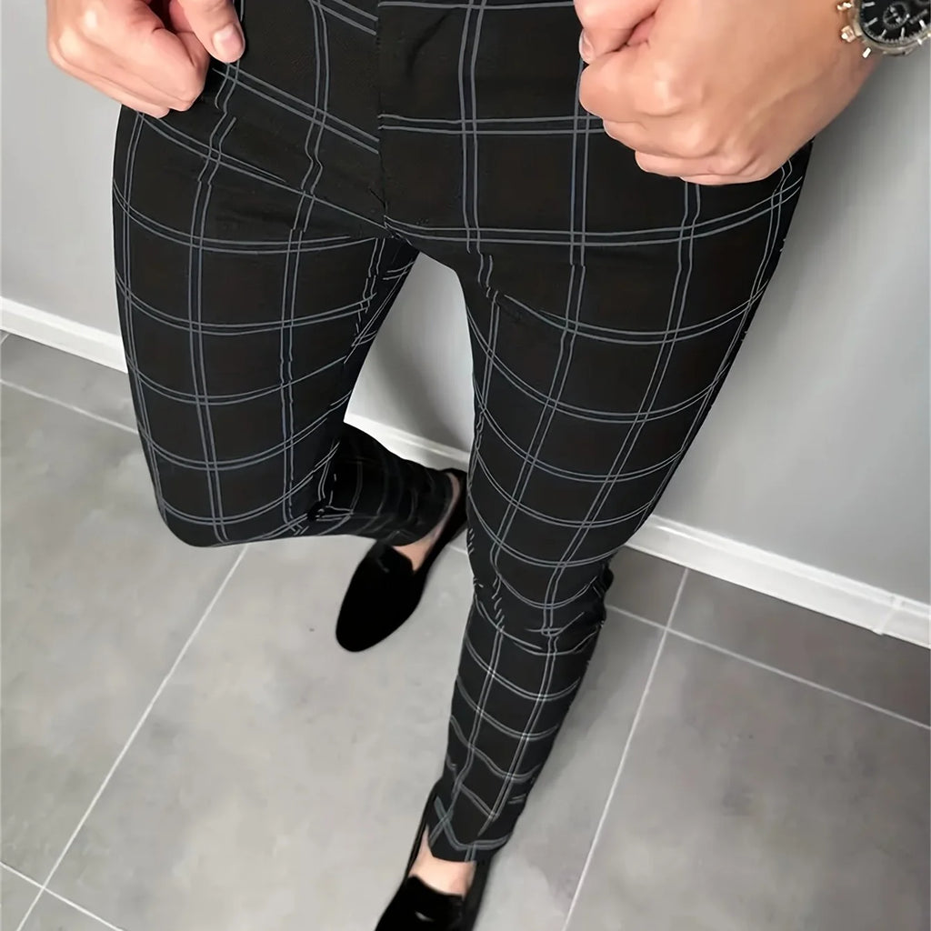 Men's black slim fit checked trousers
