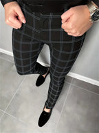 Men's dark grey slim fit checked trousers