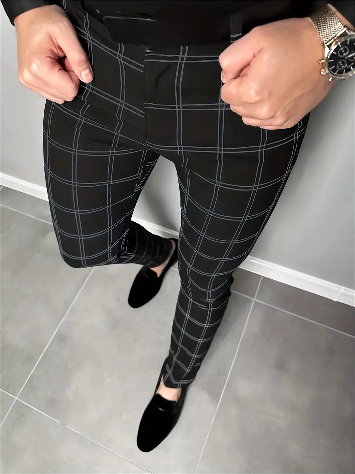 Men's dark grey slim fit checked trousers
