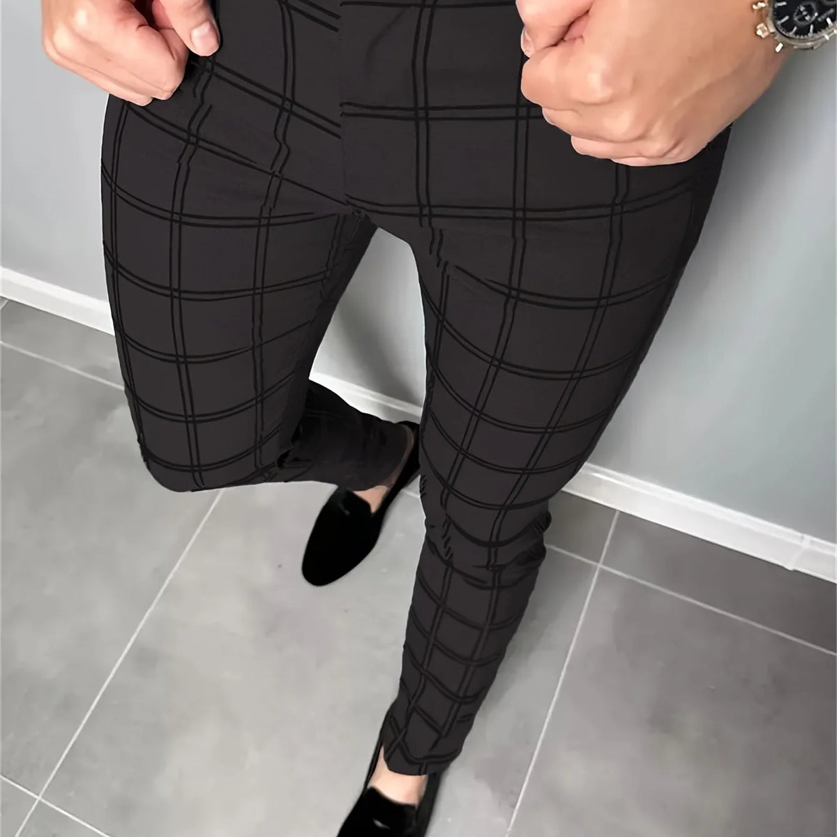 Men's dark grey slim fit checked trousers