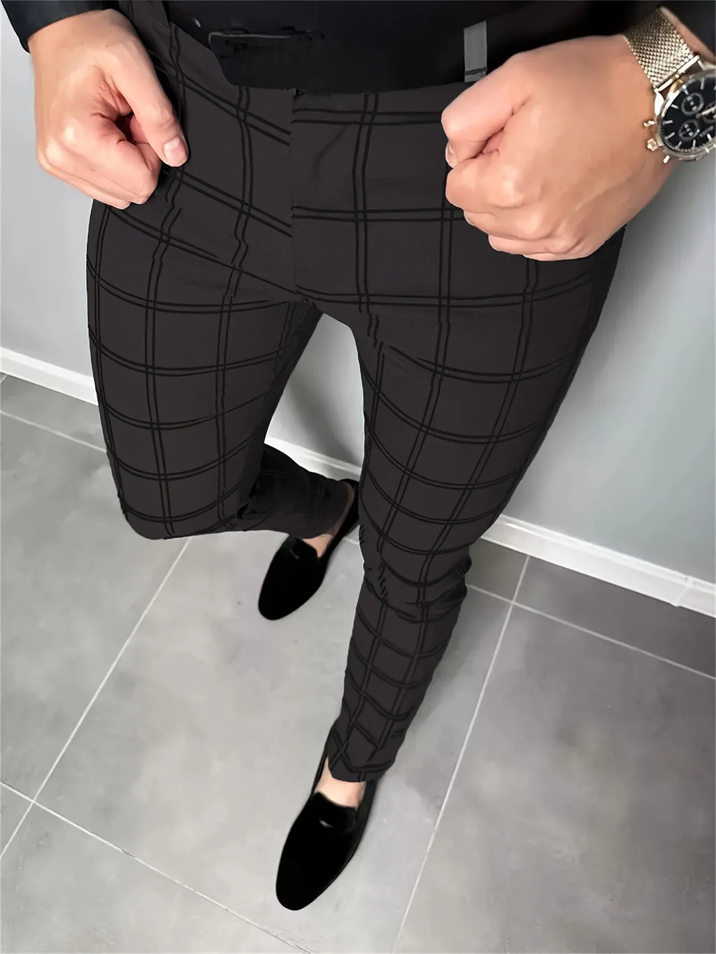 Men's white slim fit checked trousers