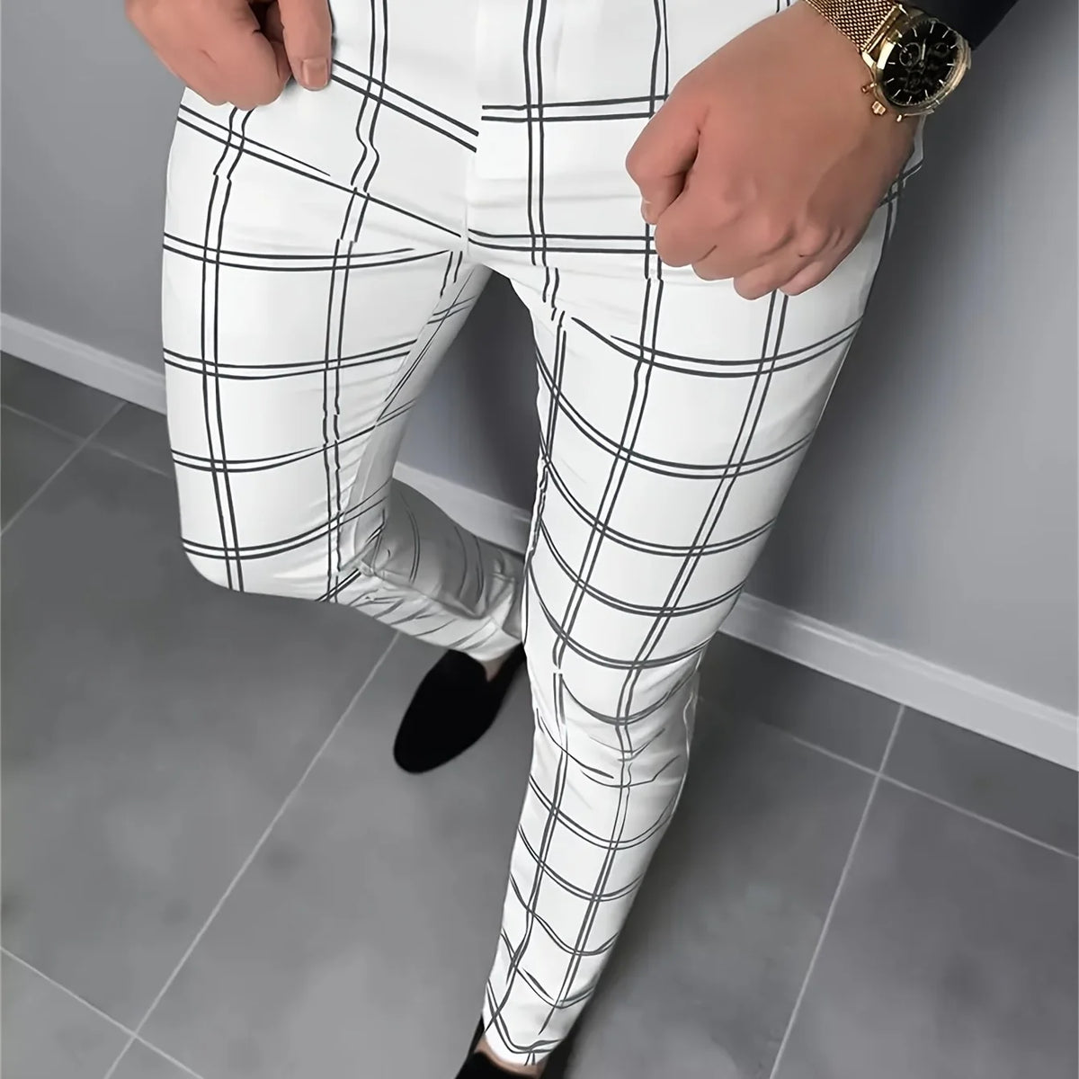 Men's black slim fit checked trousers