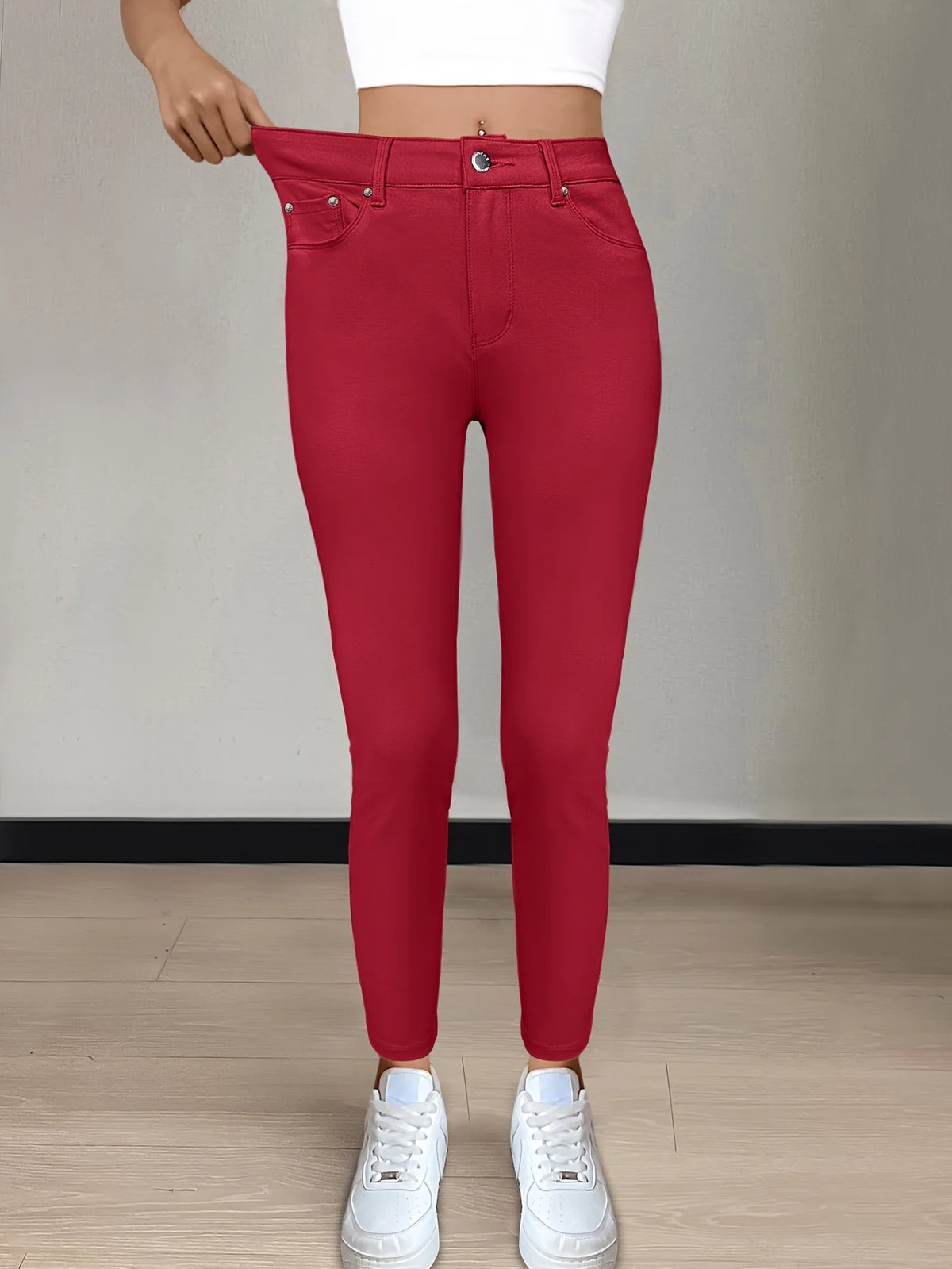 Women's burgundy high-waisted skinny jeans
