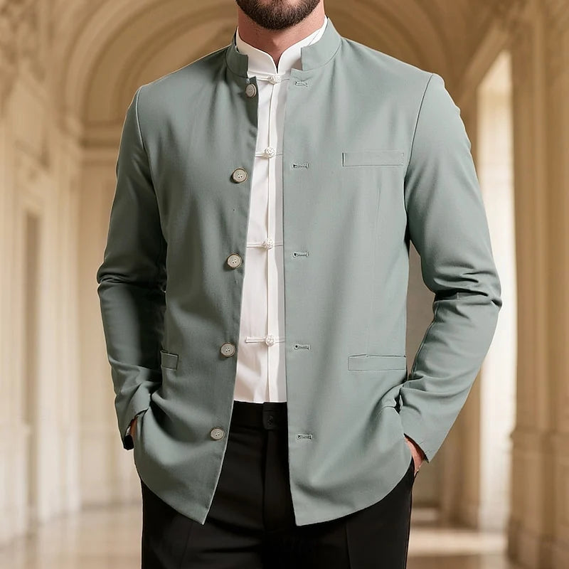 Men's green mandarin-collar jacket for chilly autumn and winter days