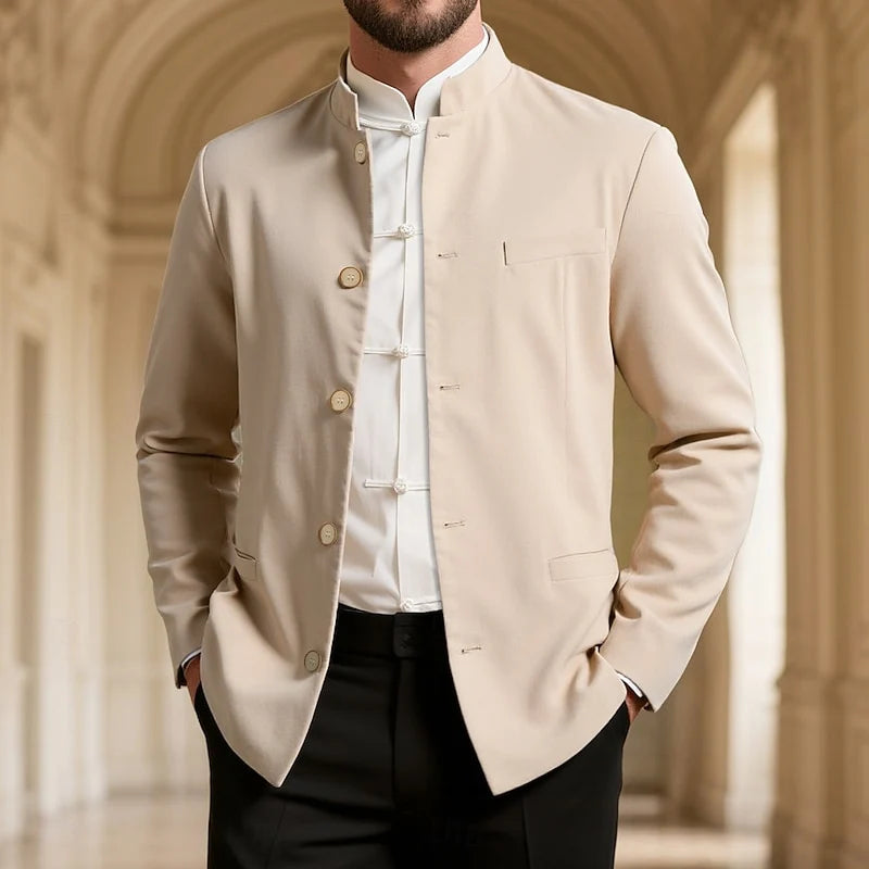Men's khaki mandarin-collar jacket for chilly autumn and winter days