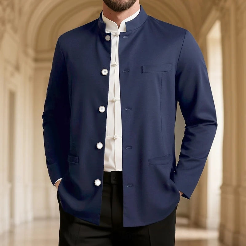 Men's navy blue mandarin-collar jacket for chilly autumn and winter days