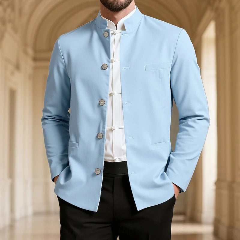 Men's light blue mandarin-collar jacket for chilly autumn and winter days