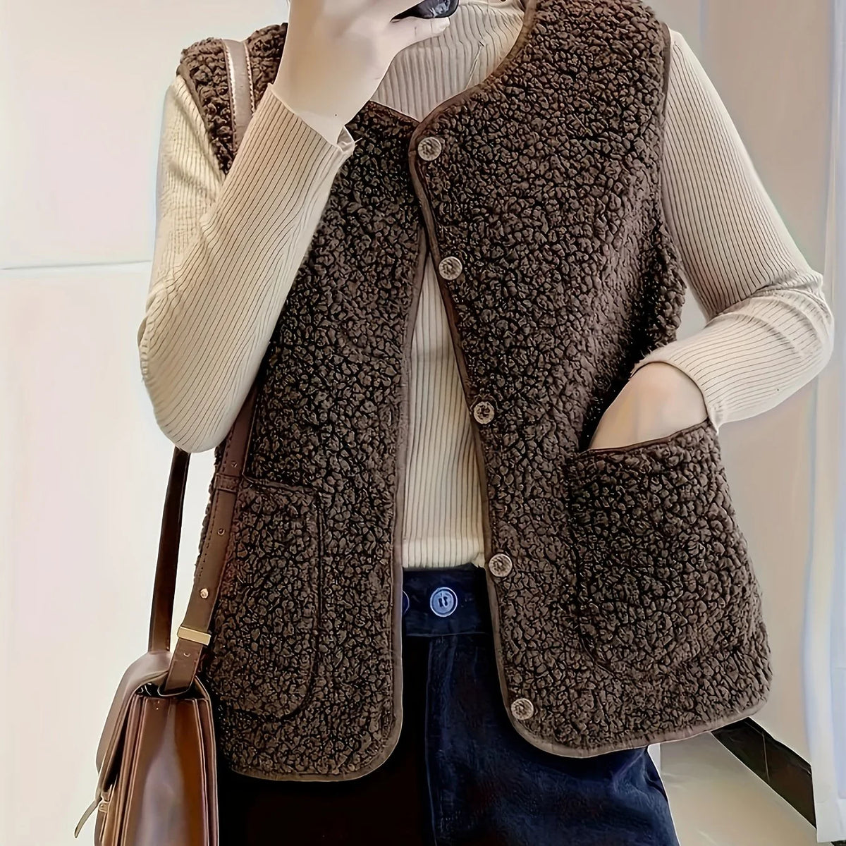 Women's dark brown sleeveless textured button-front gilet for the season