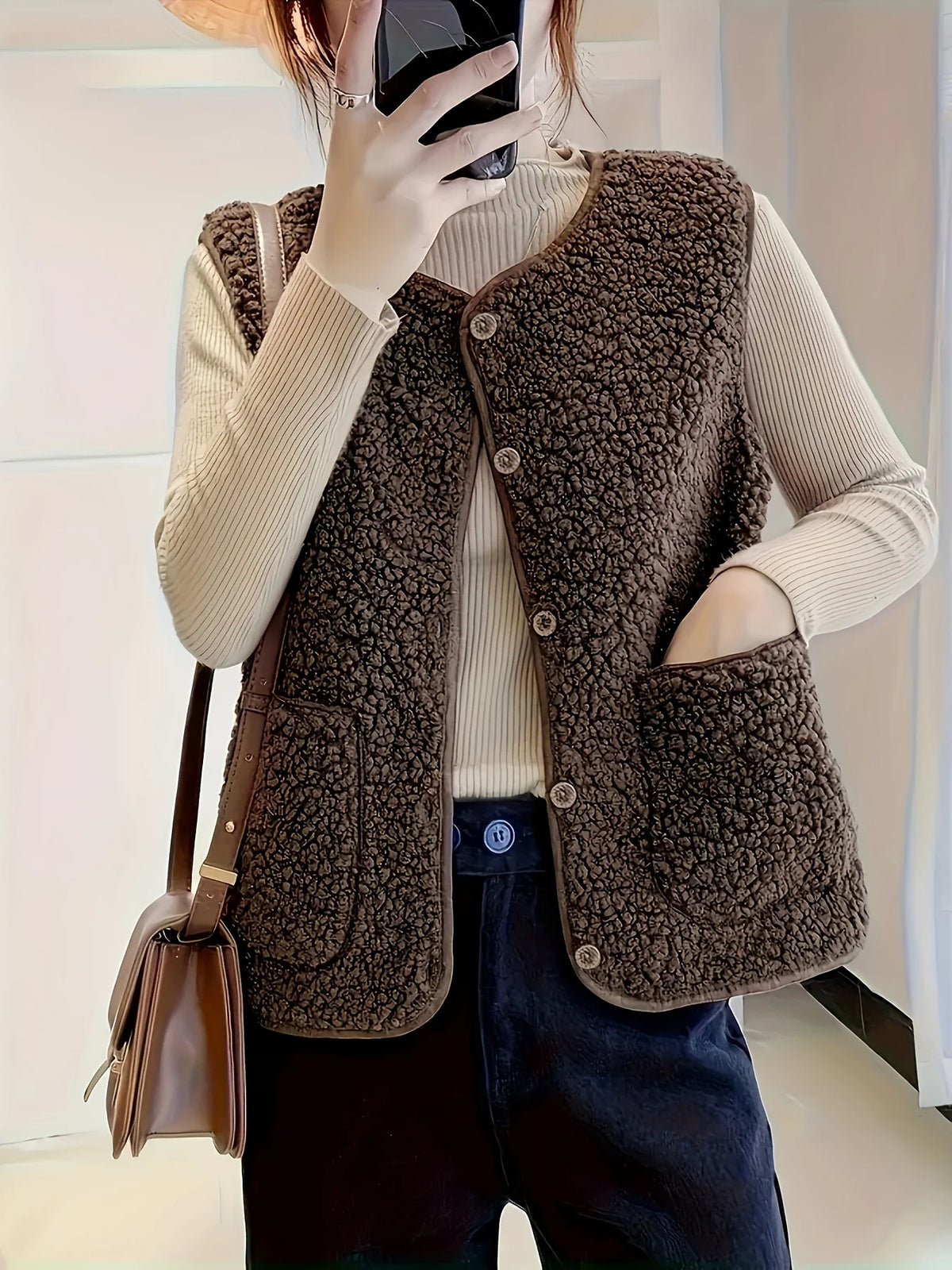Women's dark brown sleeveless textured button-front gilet for the season