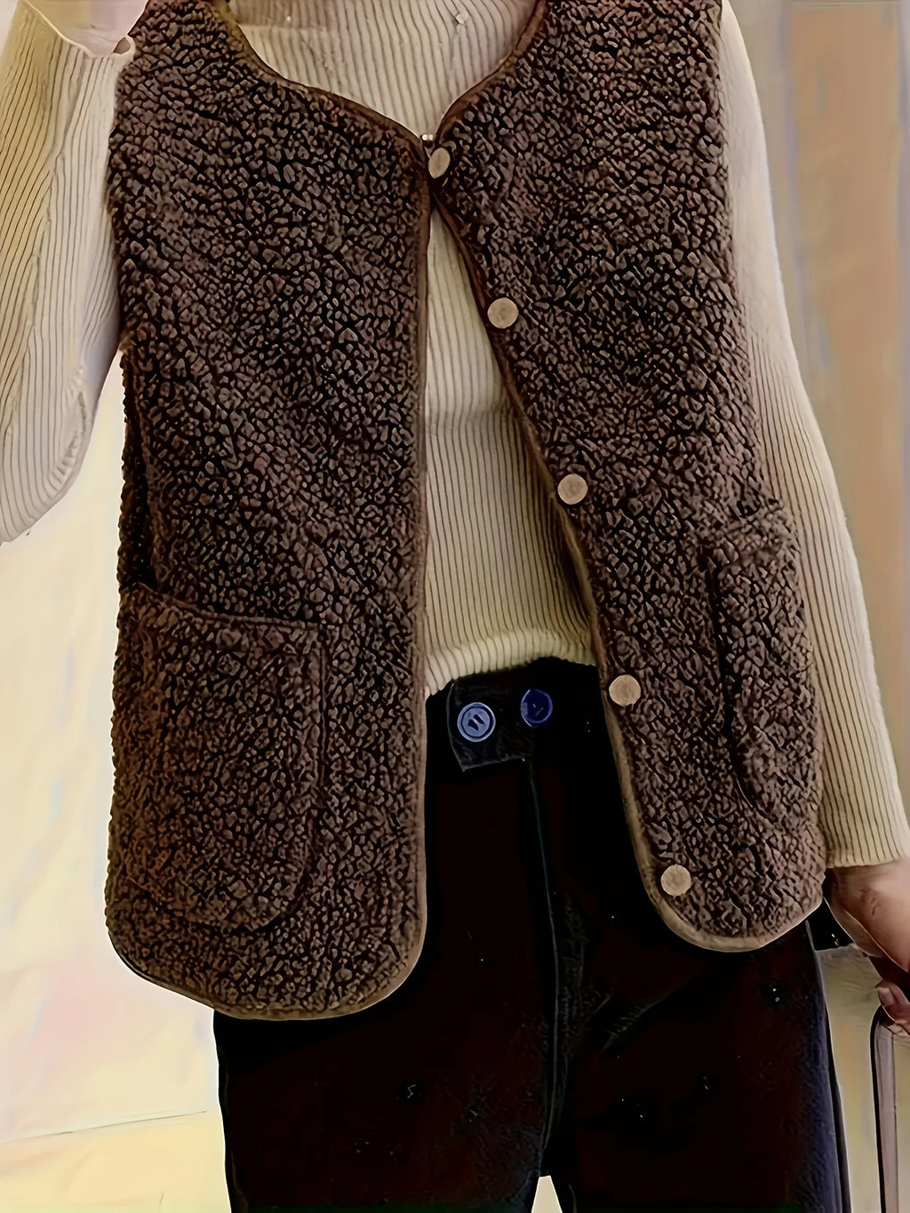 Women's dark brown sleeveless textured button-front gilet for the season