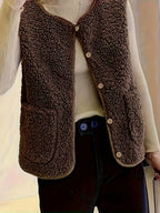 Women's dark brown sleeveless textured button-front gilet for the season