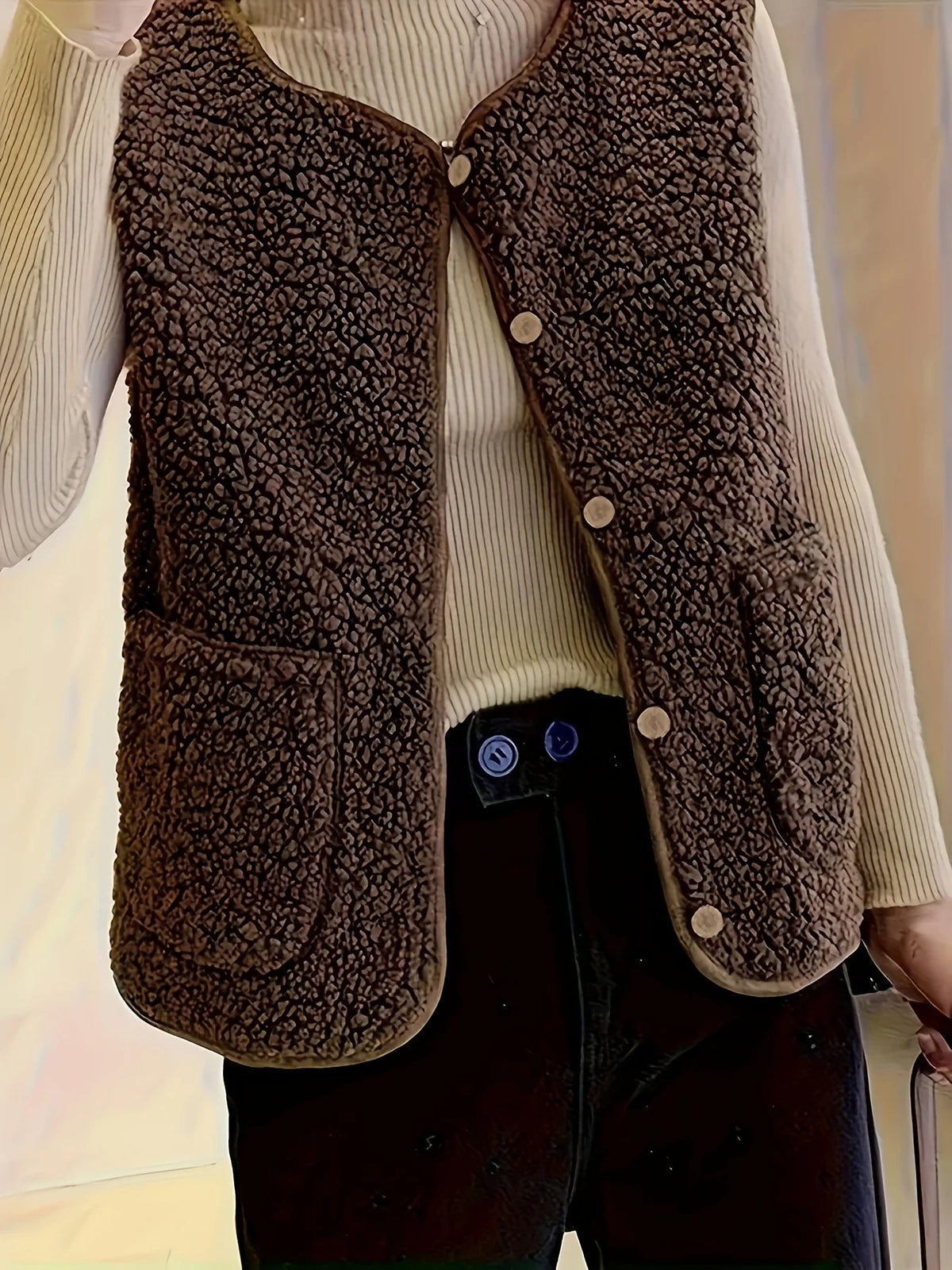 Women's dark brown sleeveless textured button-front gilet for the season