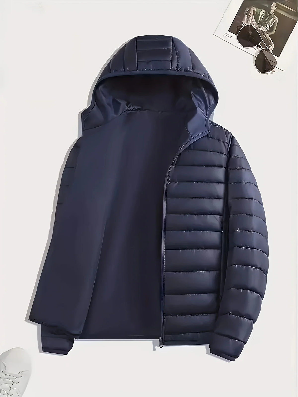 Women's navy hooded quilted jacket for layering this autumn and winter