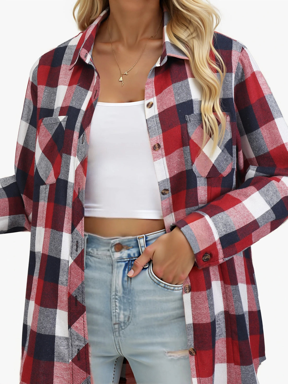 Women's red checked button-up shirt