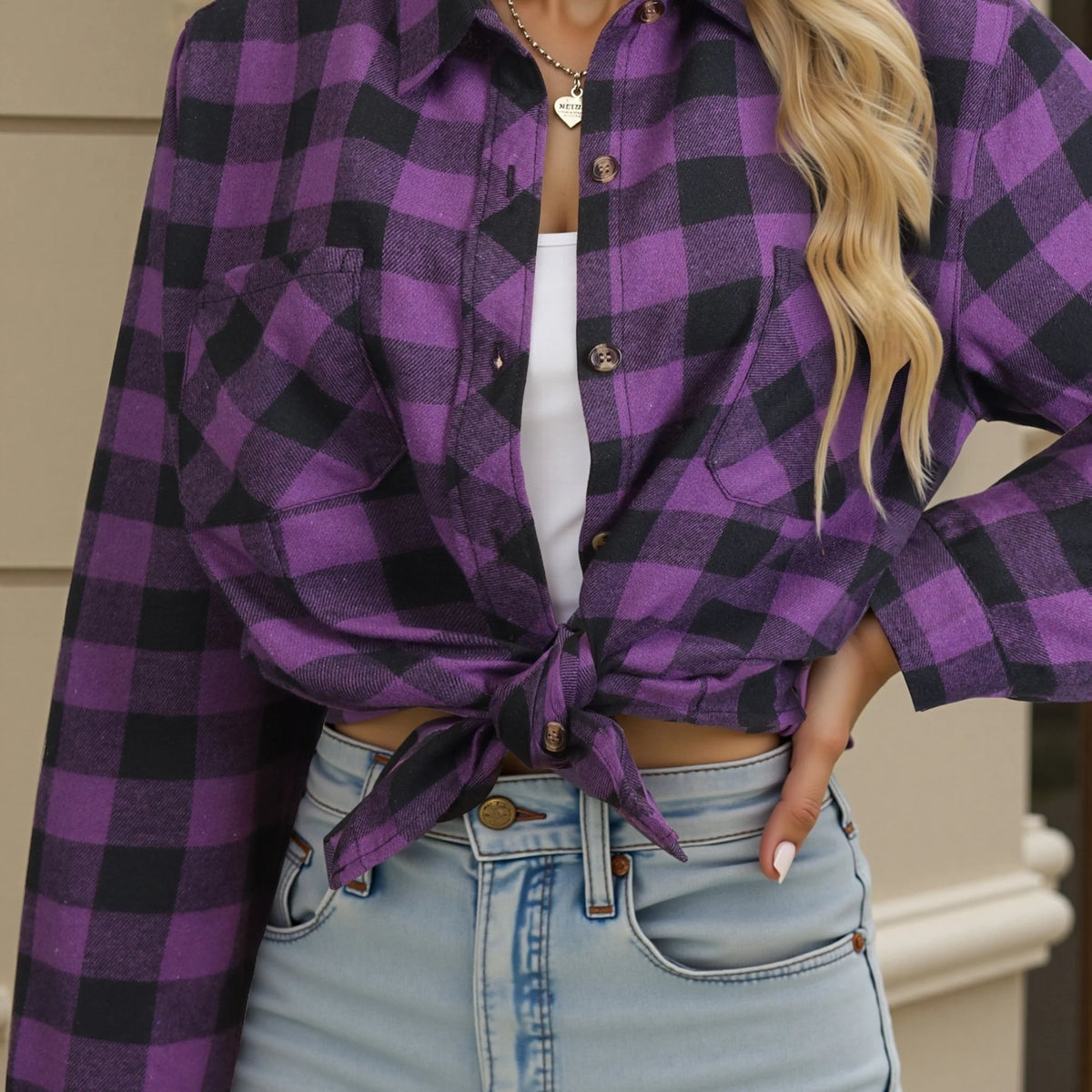 Women's red white grey checked button-up shirt