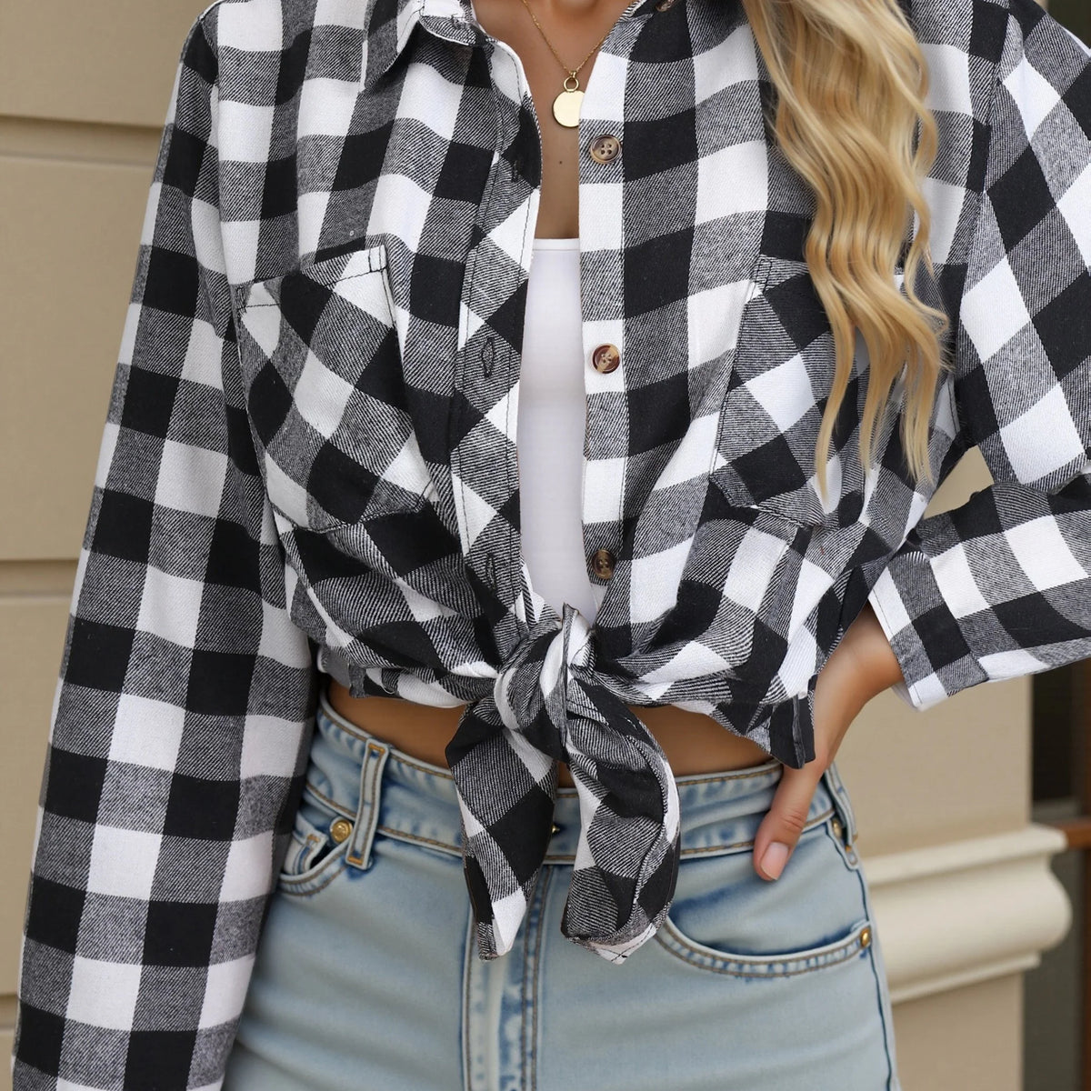 Women's red checked button-up shirt
