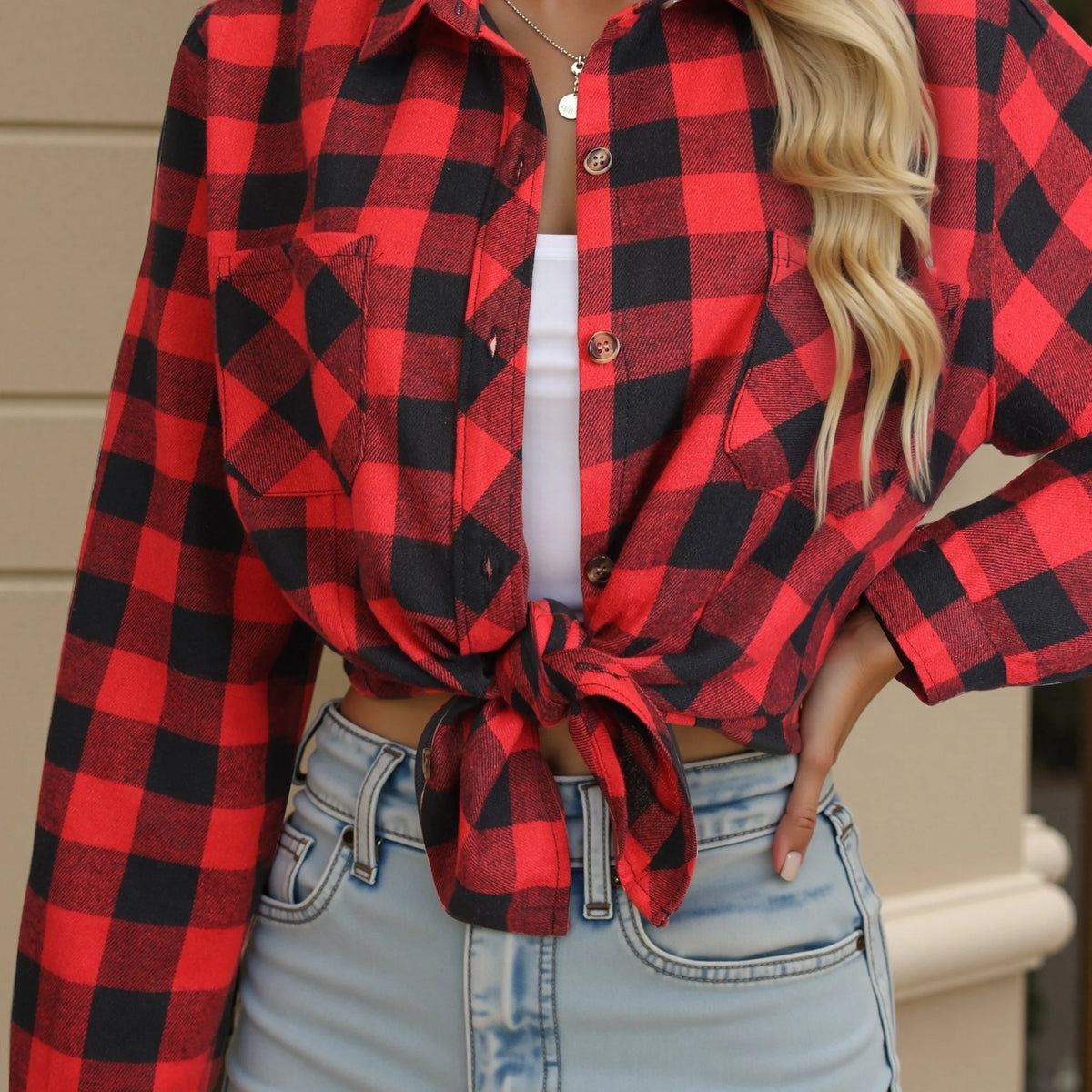 Women's red white grey checked button-up shirt