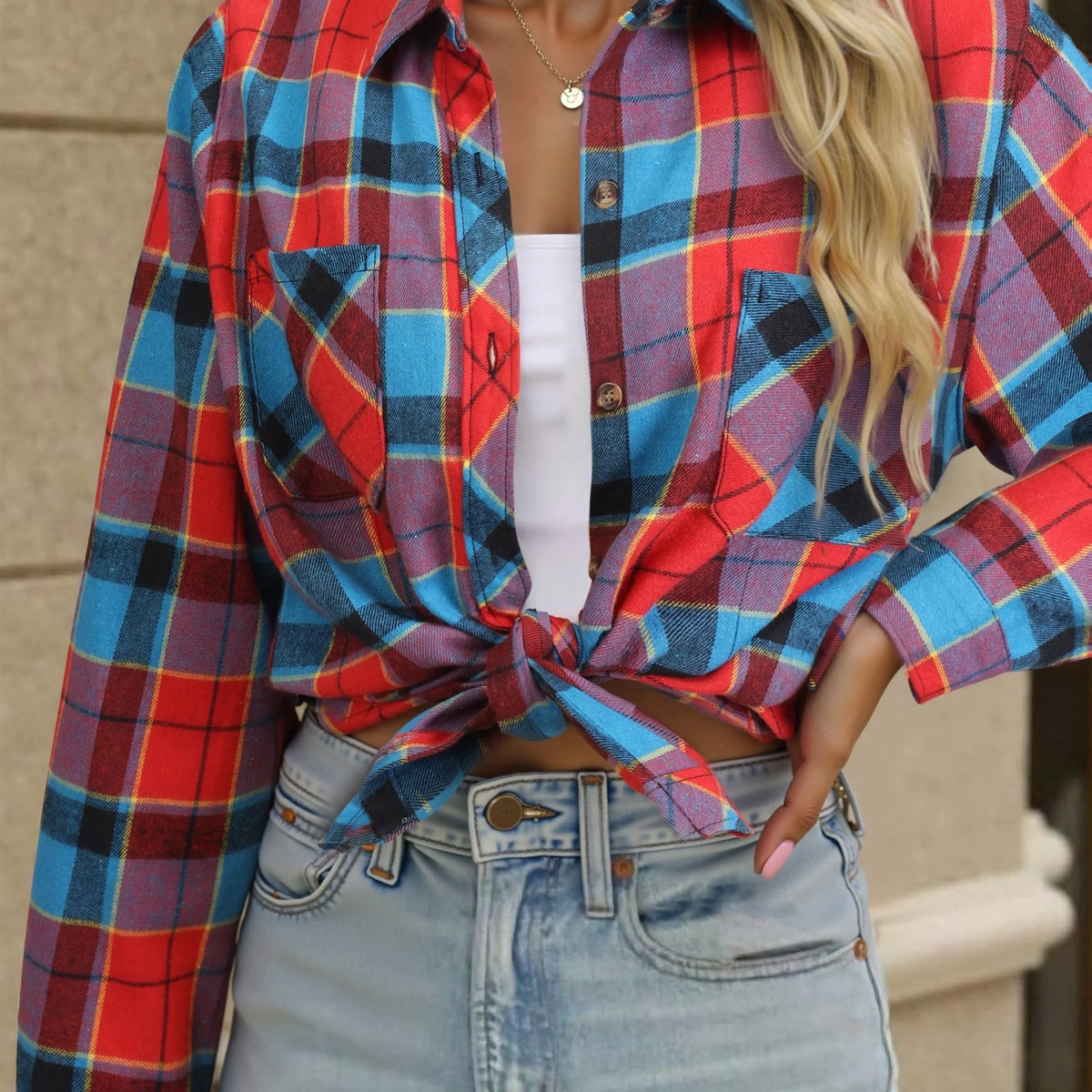 Women's red blue black checked button-up shirt