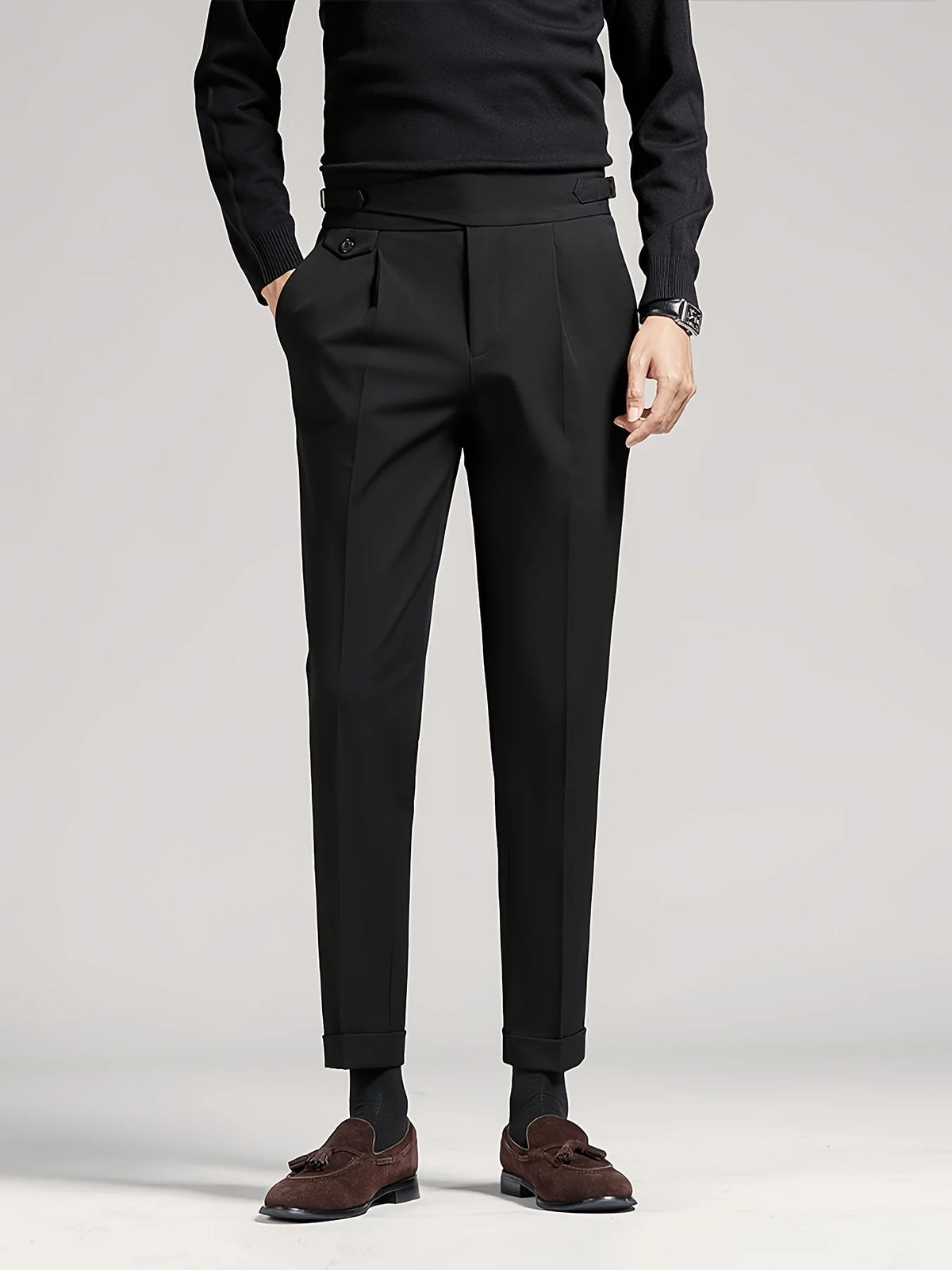 Men's khaki tailored pleated trousers