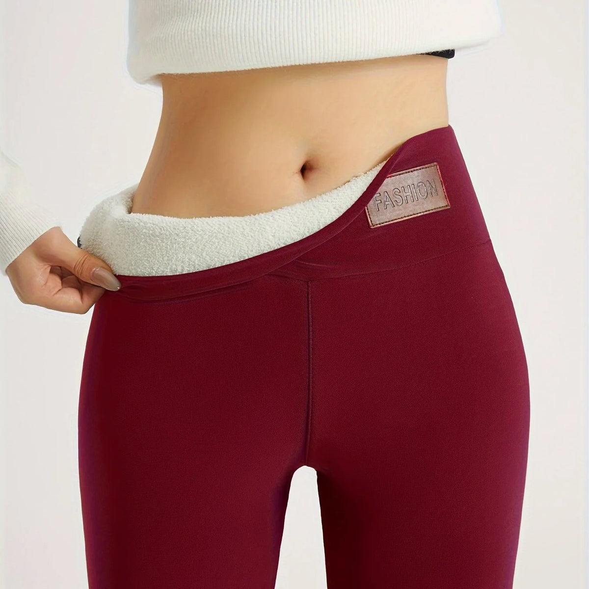 Women's burgundy high-waist fleece-lined leggings in autumn and winter