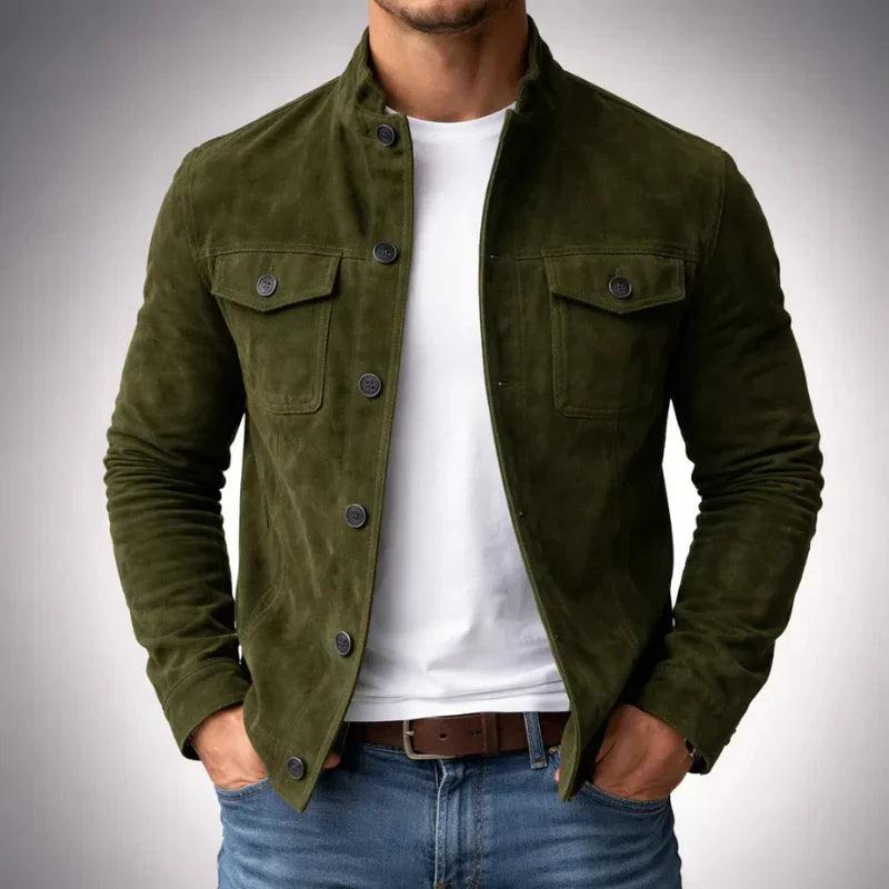 Men's green classic pocket suede jacket for autumn and winter wear