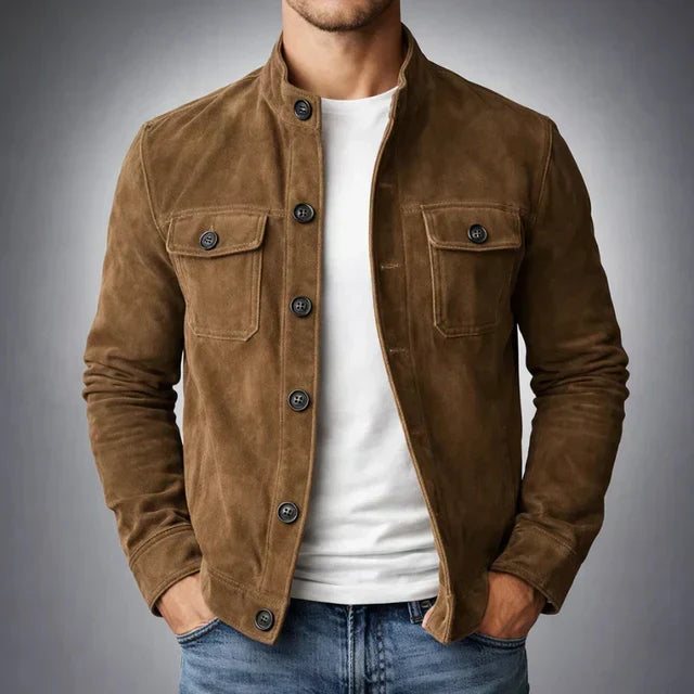 Men's green classic pocket suede jacket for autumn and winter wear