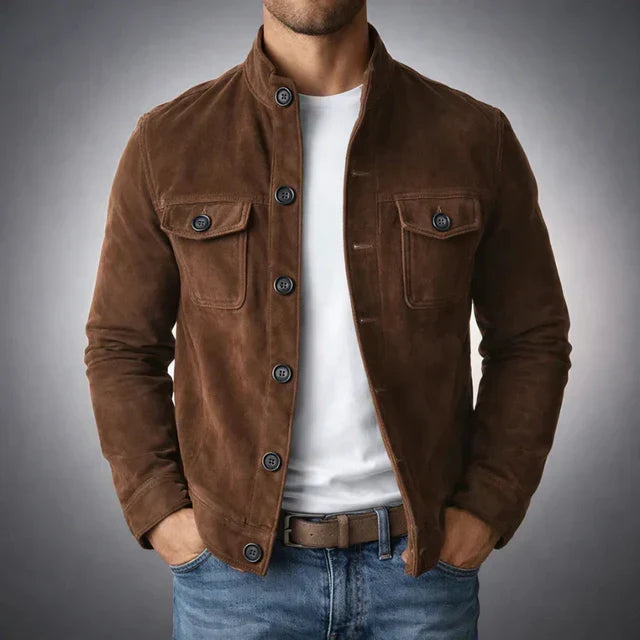 Men's green classic pocket suede jacket for autumn and winter wear