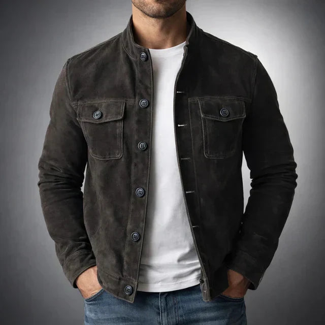 Men's brown classic pocket suede jacket for autumn and winter wear