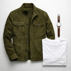 Men's dark brown classic pocket suede jacket for autumn and winter wear