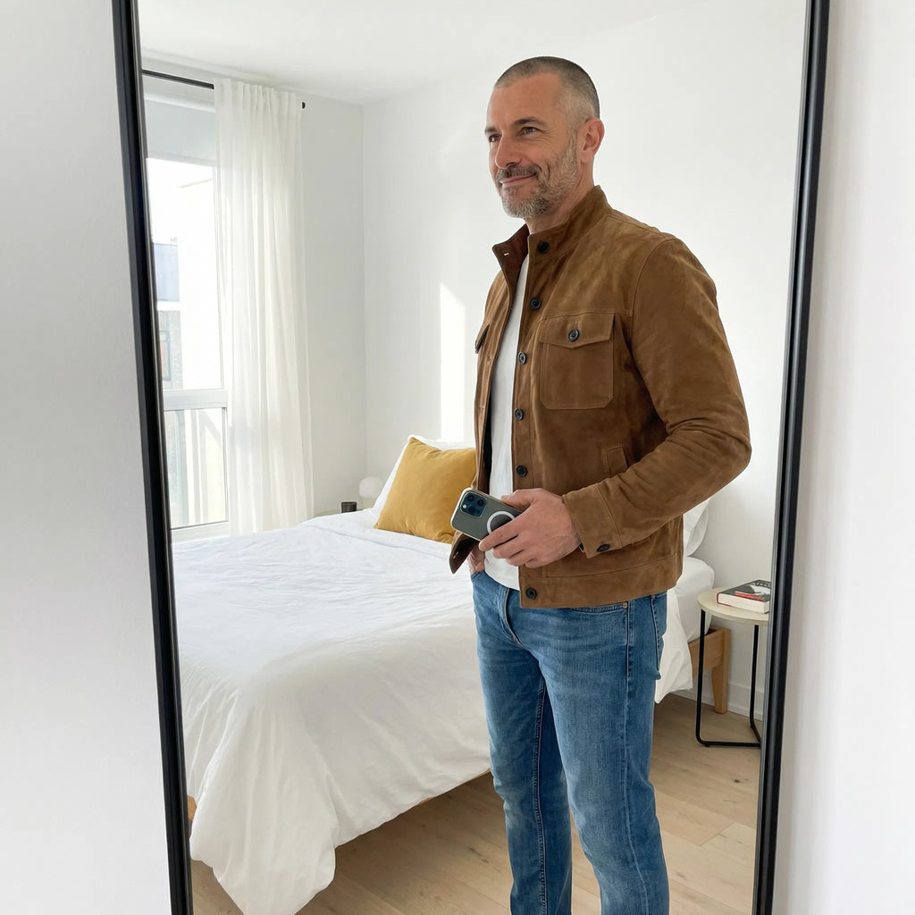 Men's black classic pocket suede jacket for autumn and winter wear