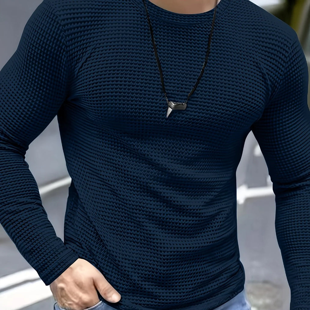 Men's navy waffle knit long sleeve top for autumn and winter layering