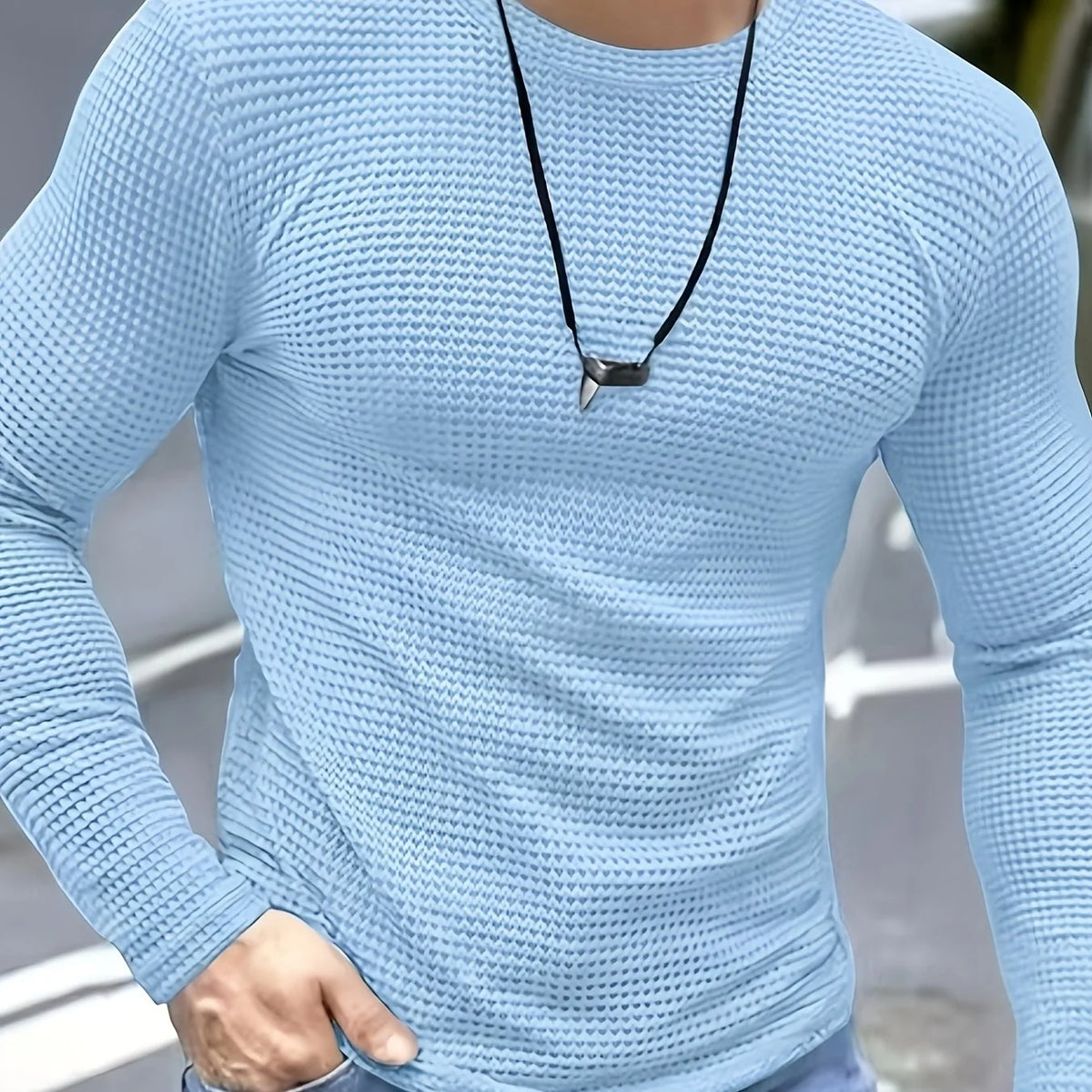 Men's light sky blue waffle knit long sleeve top for autumn and winter layering