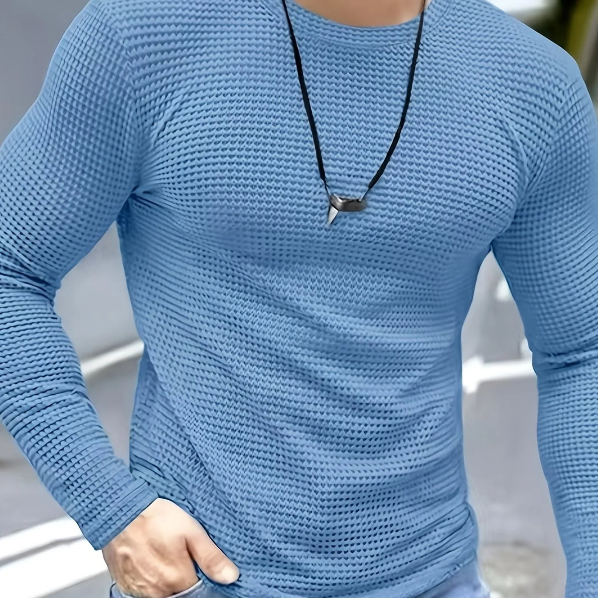 Men's white waffle knit long sleeve top for autumn and winter layering