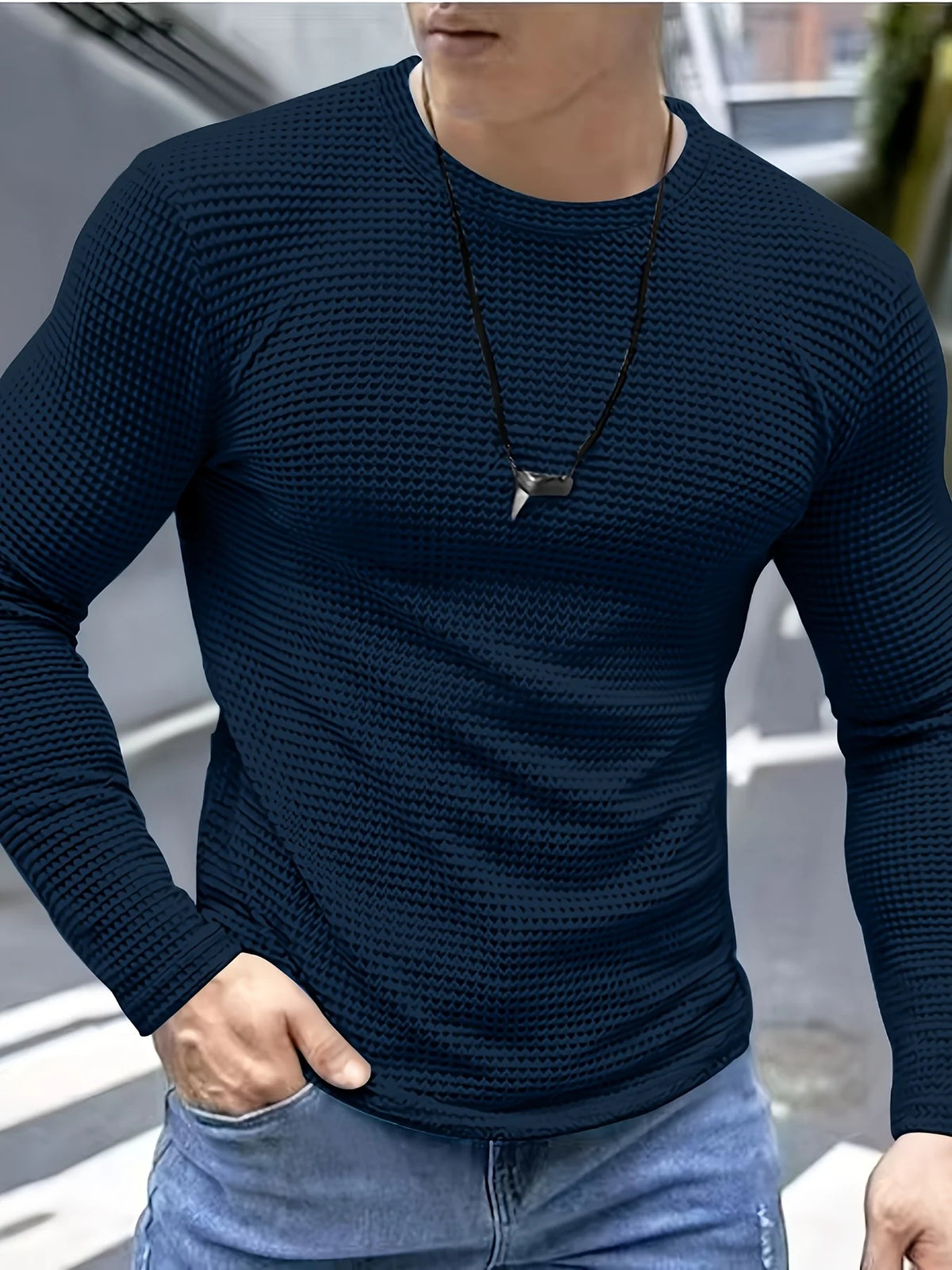 Men's navy waffle knit long sleeve top for autumn and winter layering