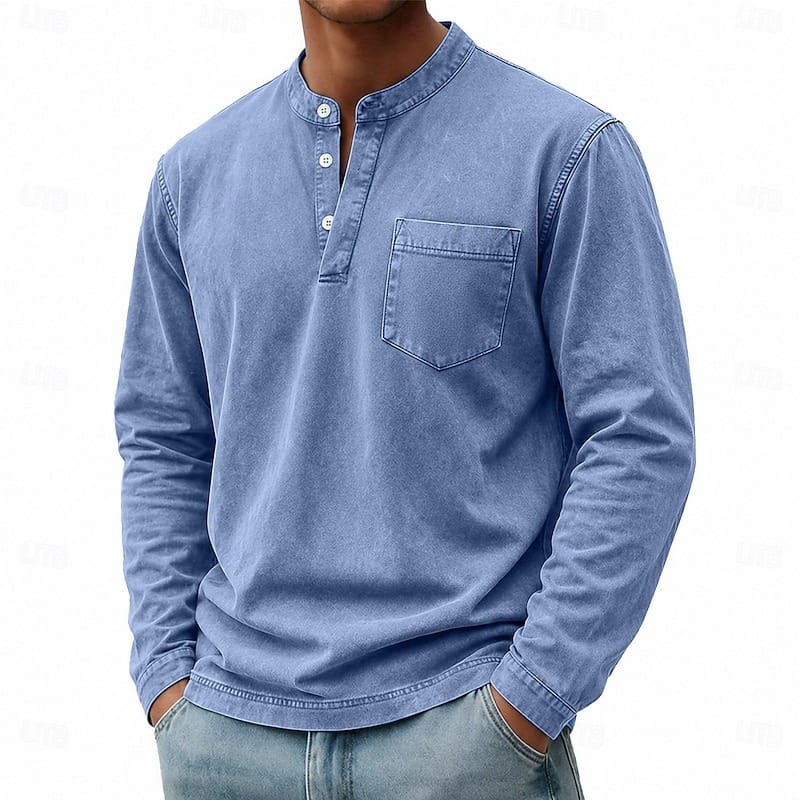 Men's blue garment-washed shirt for layering this autumn and winter