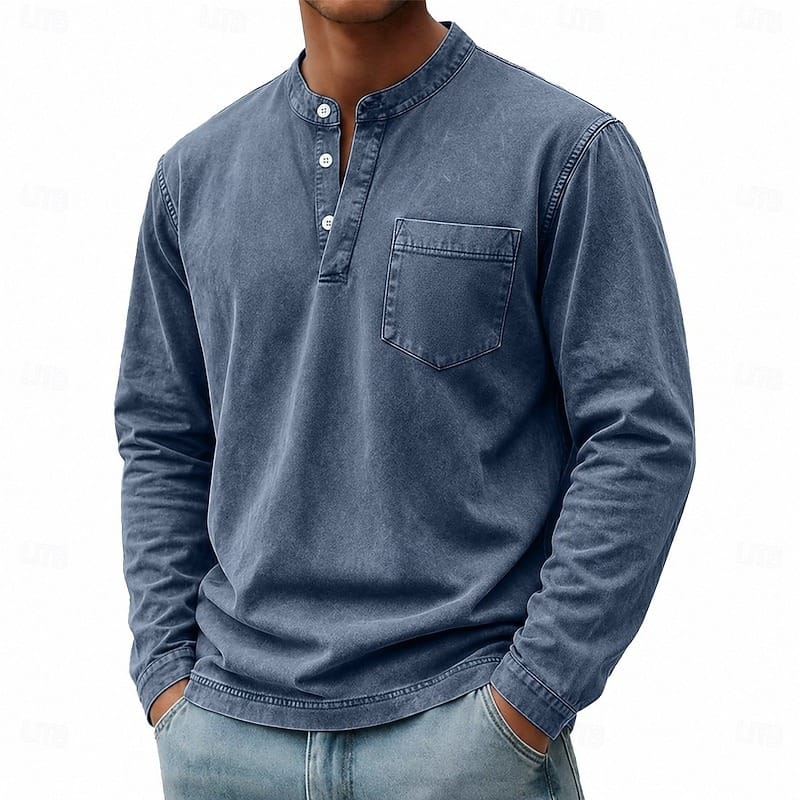 Men's navy blue garment-washed shirt for layering this autumn and winter
