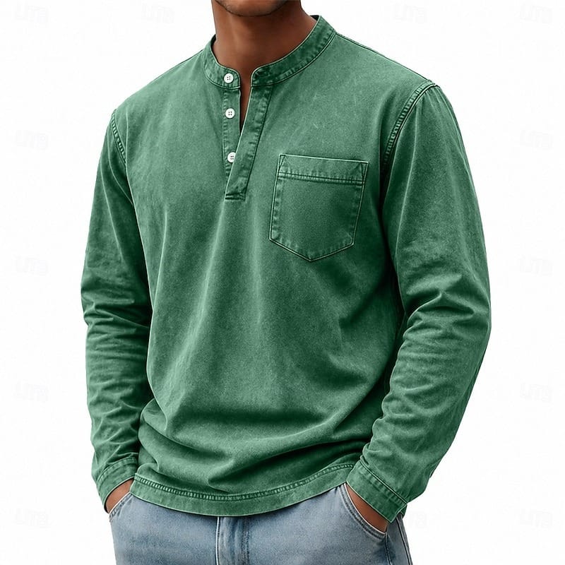 Men's green garment-washed shirt for layering this autumn and winter