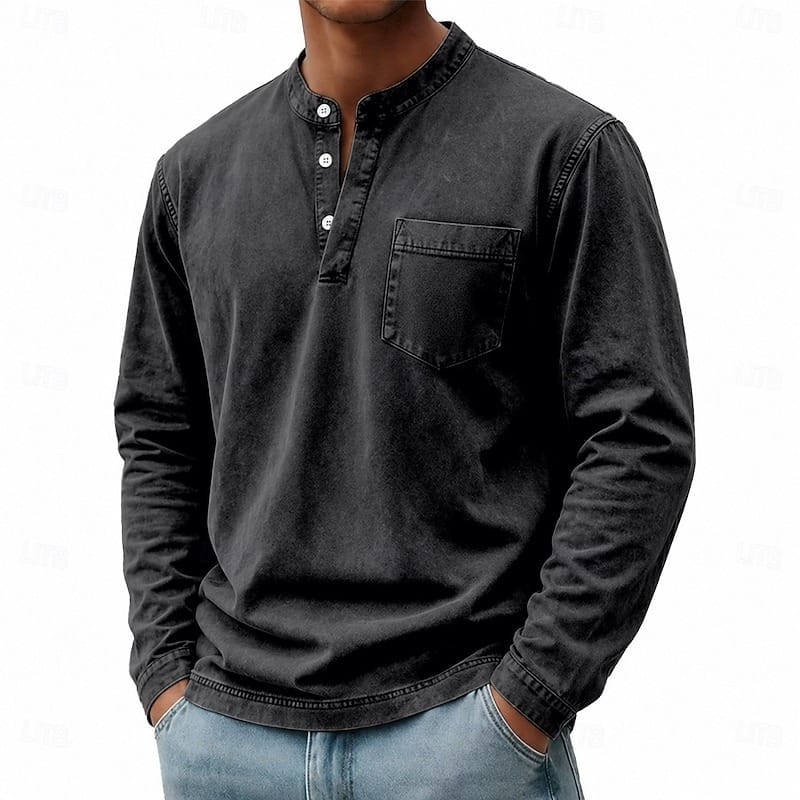 Men's black garment-washed shirt for layering this autumn and winter