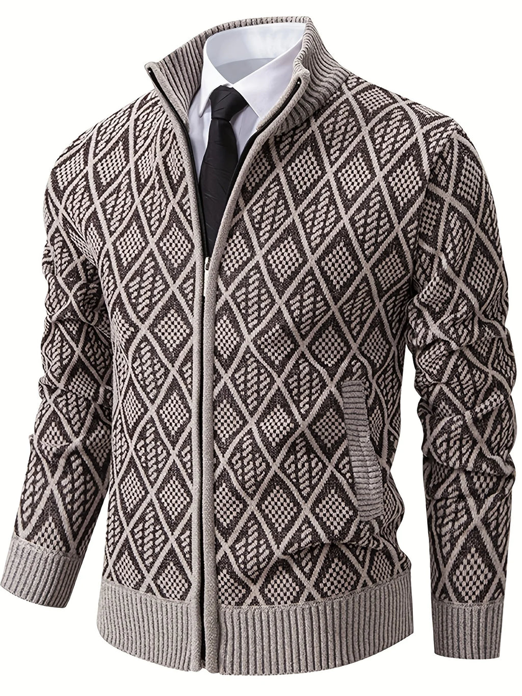 Men's beige geometric knit cardigan for autumn and winter layering