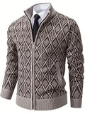 Men's beige geometric knit cardigan for autumn and winter layering