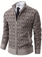 Men's beige geometric knit cardigan for autumn and winter layering