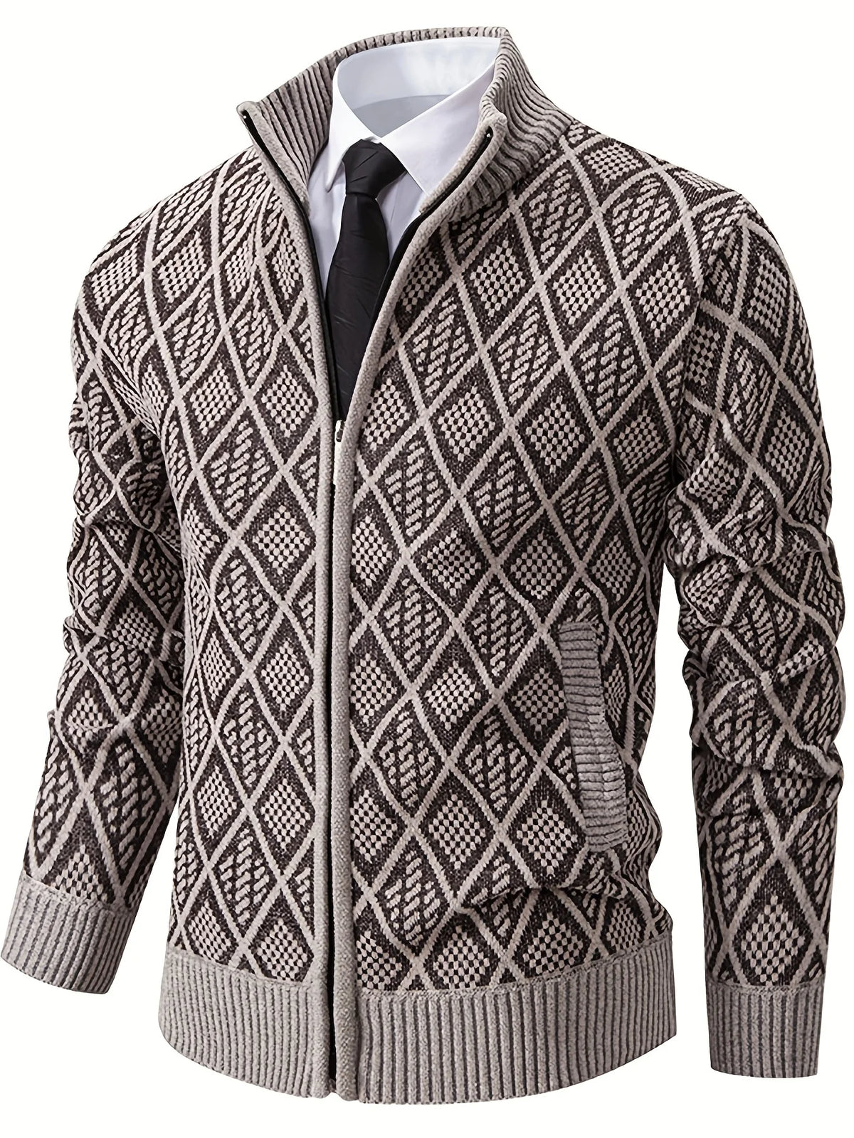 Men's beige geometric knit cardigan for autumn and winter layering