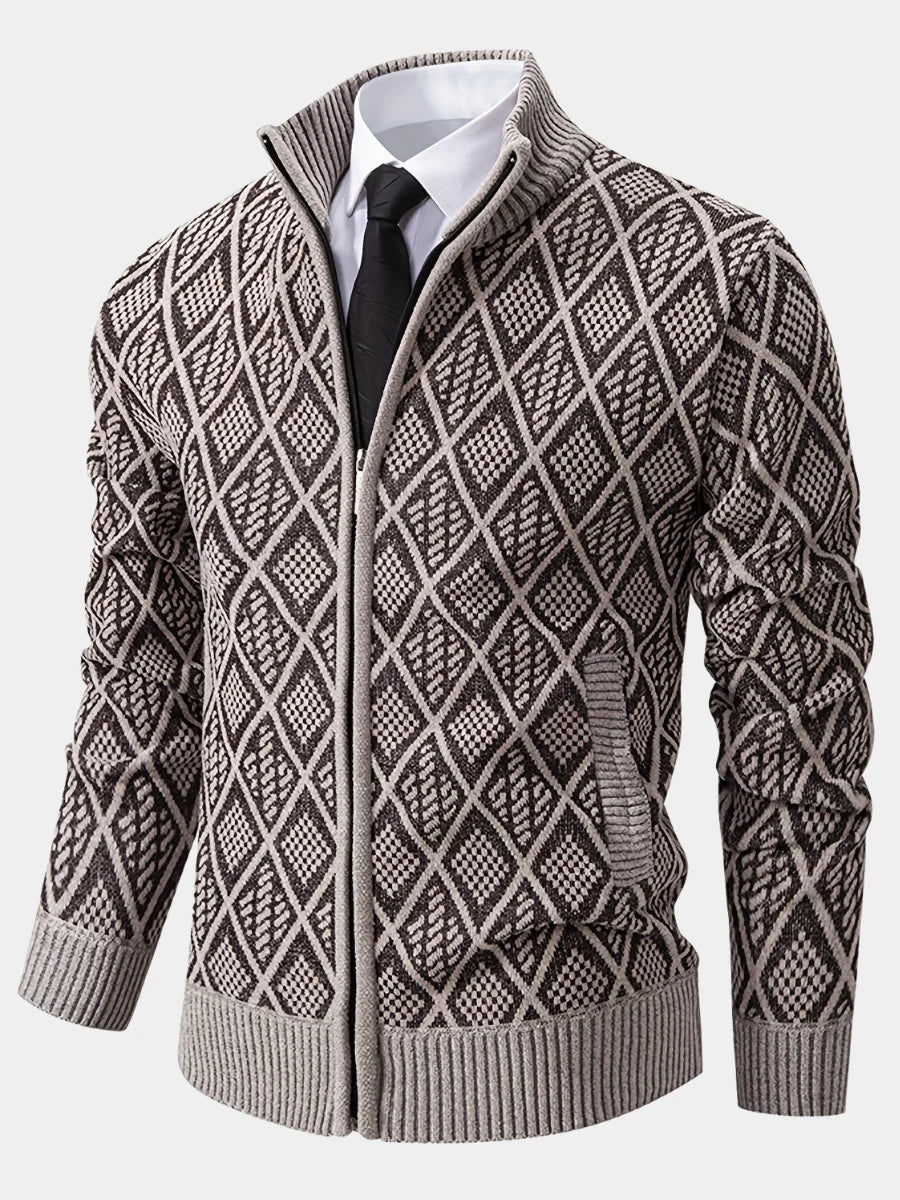 Men's beige geometric knit cardigan for autumn and winter layering