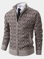 Men's beige geometric knit cardigan for autumn and winter layering