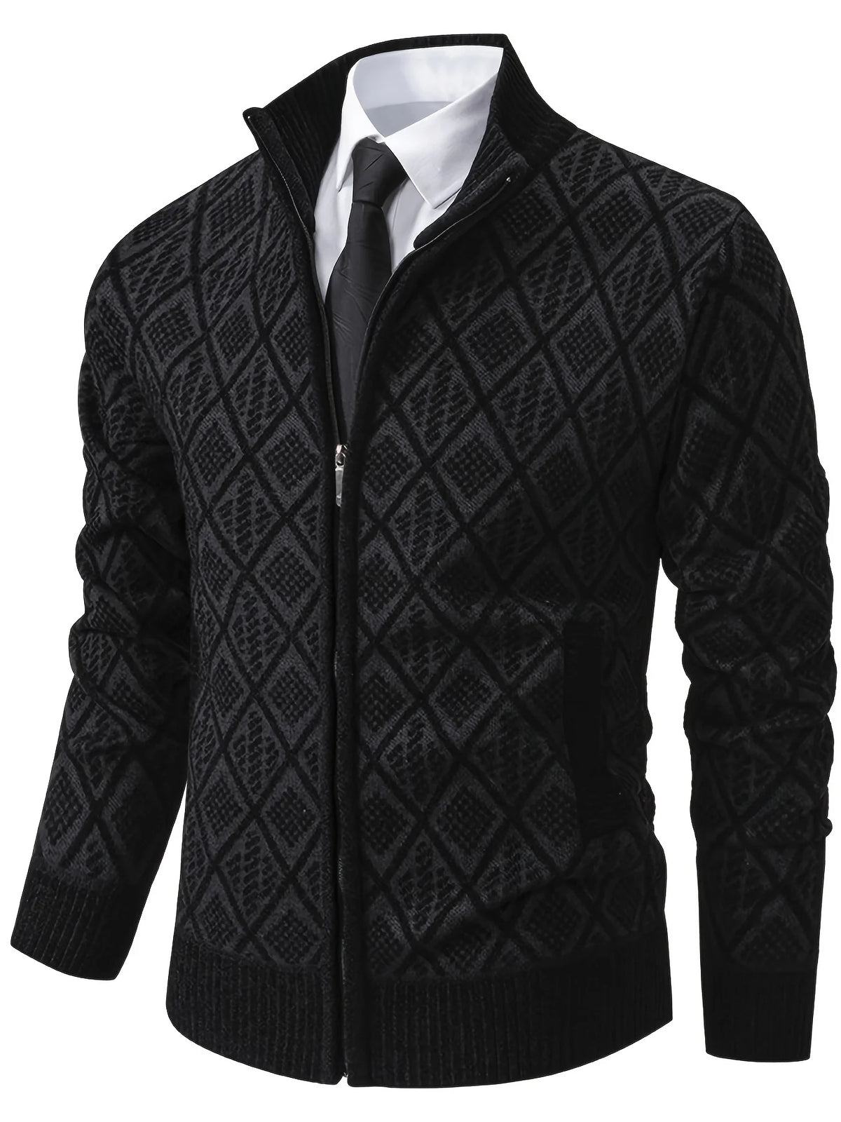 Men's navy blue geometric knit cardigan for autumn and winter layering