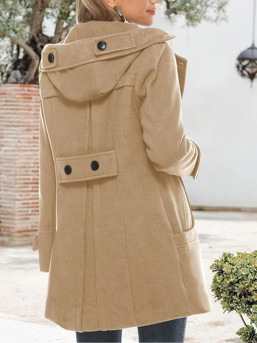 Women's black hooded double-breasted mid-length coat